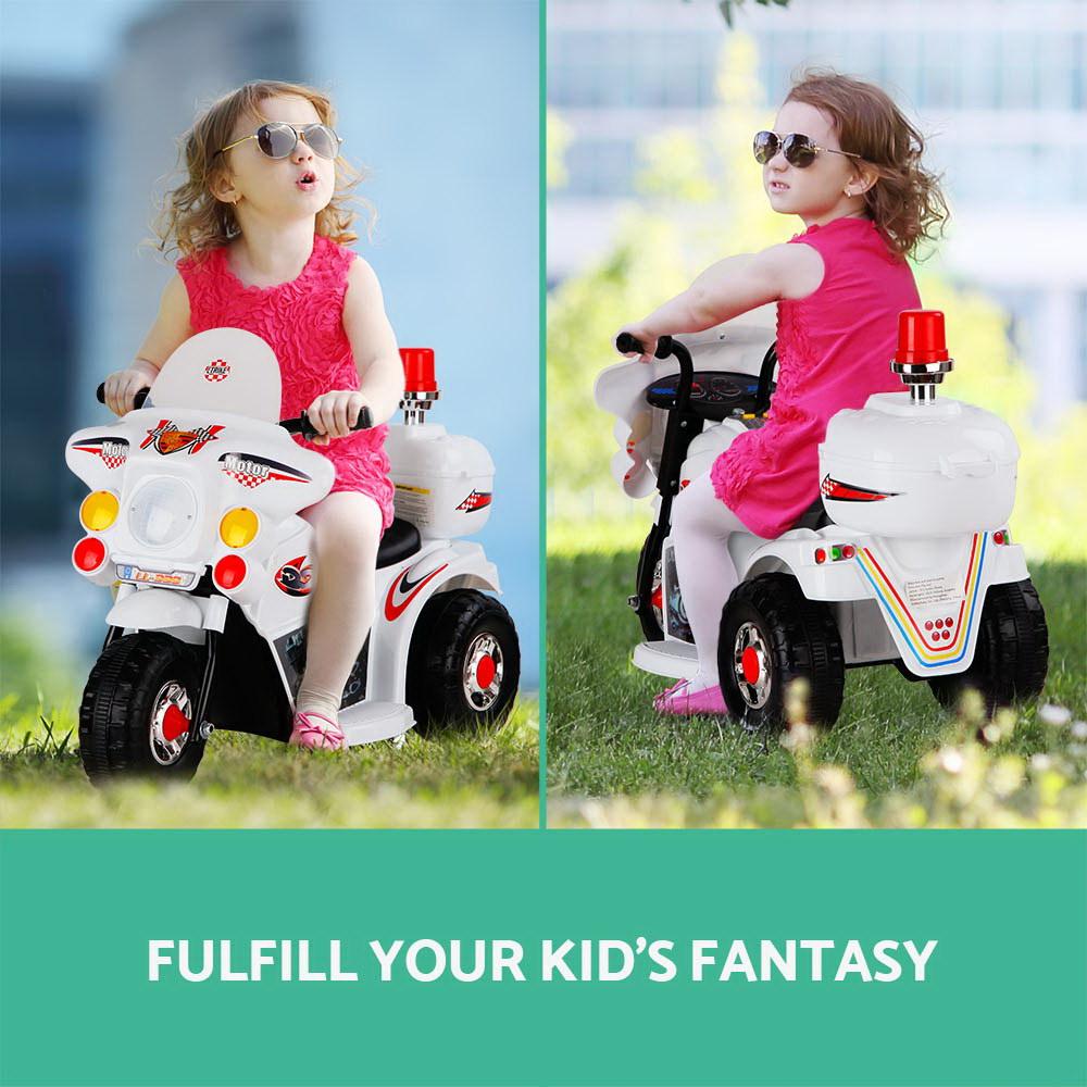 Rigo Kids Ride On Motorbike in white color, featuring anti-slip wheels and flashing lights, designed for children aged 3-8.